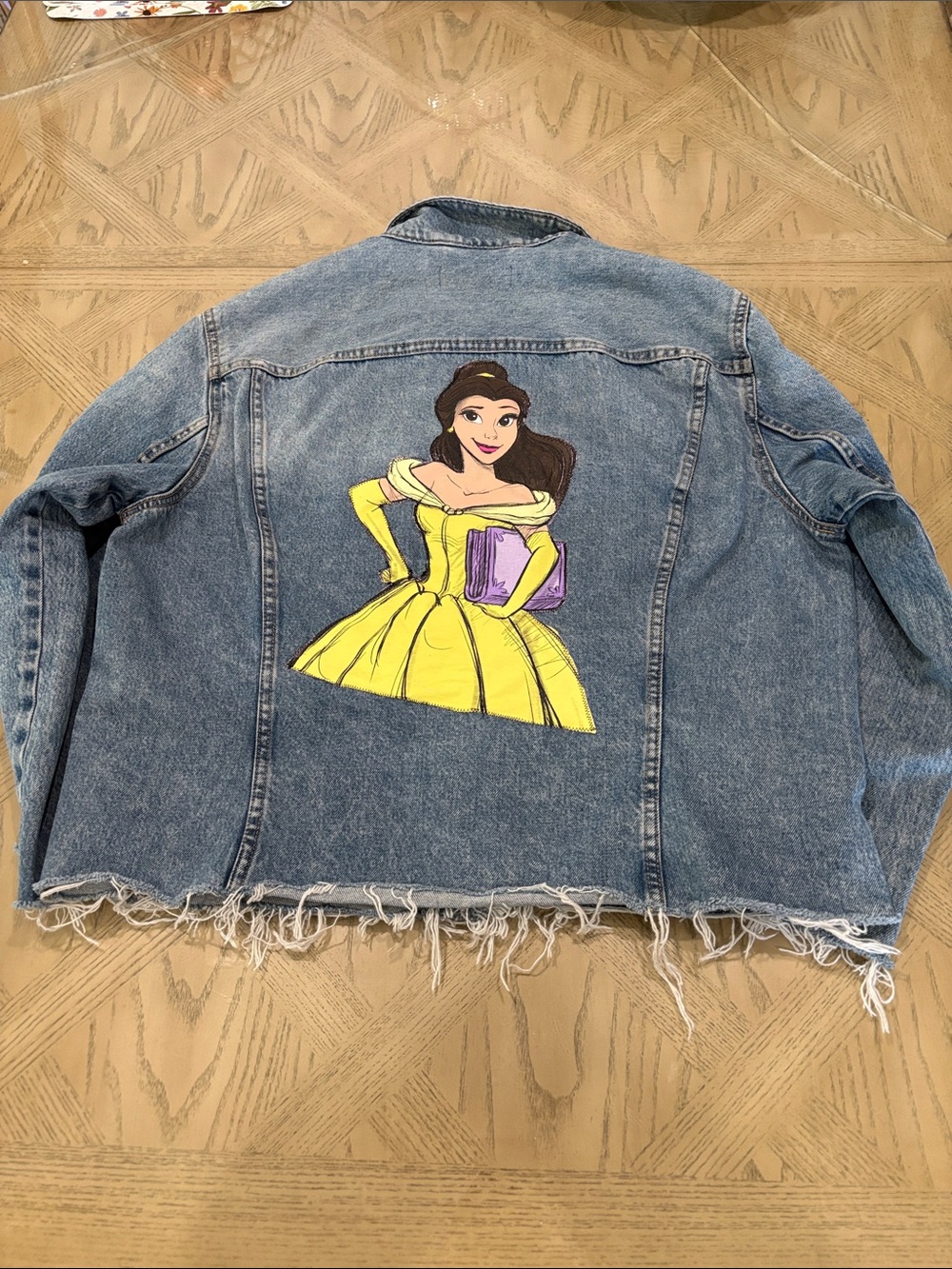 Light Wash Denim Jacket with Cartoon Shoulder Beauty & the Beast Custom Made